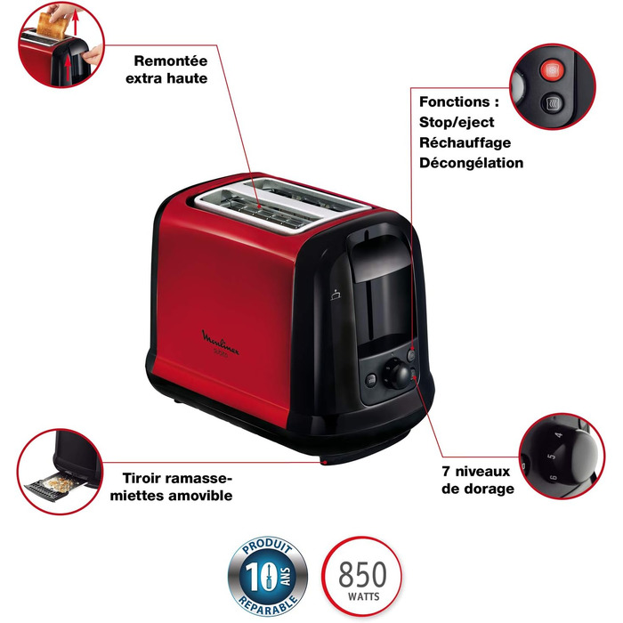 Тостер Moulinex LT261D Subito, 850 Вт, 2 слоти, червоно-чорний, з підставкою для булочок, регульовані ступені підсмажування, розморожування та підігрів