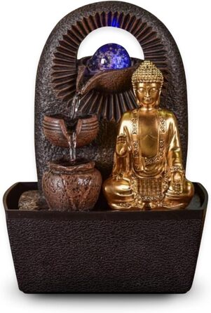 Джерело води Zen'Light від Zimmerbrunnen з Буддою та LED-підсвічуванням. Сучасна декорація для медитації та релаксації. Об'єкт Фен-Шуй, висота 26 см, колір горіх (Bhava)