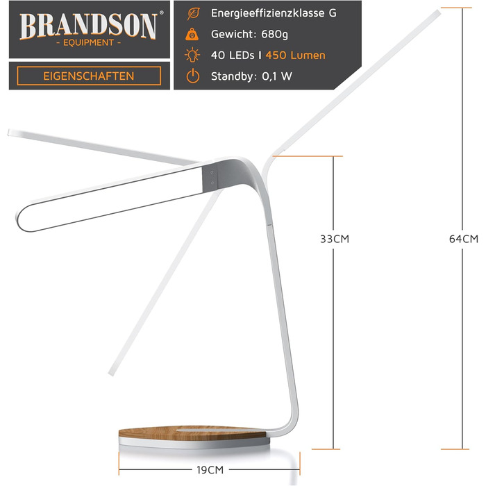 Brandson LED настільна лампа з дерева, диммована, 5 рівнів яскравості, 3 температури світла, сенсорне керування, 450 люмен, для офісу, навчання, біла, захист для очей