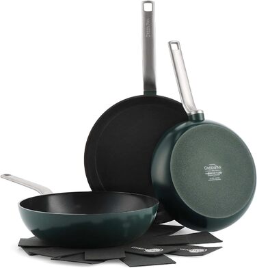 GreenPan Evolution набір сковорідок і вок, 3 предмети, анодований алюміній, керамічне антипригарне покриття без PFAS, для індукції, посудомийної машини та духовки, зелений