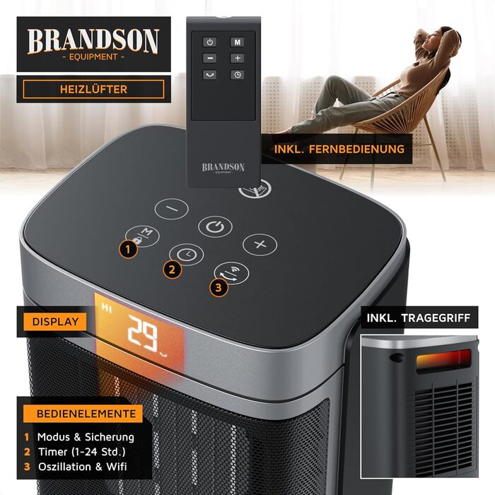 Керамічний обігрівач Brandson з Wi-Fi, тихий, енергозберігаючий, з пультом керування, функцією осциляції, ECO-режимом, дитячим замком та таймером – для ванної, вітальні, офісу, дитячої кімнати