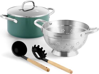 GreenPan Mayflower набір керамічного антипригарного посуду 5 предметів, індукційний, PFAS-free, з дерев'яними ручками, для пасти, синій