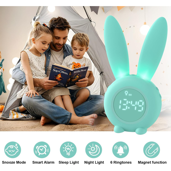 Дитячий нічник-будильник Homealexa Кролик: світловий будильник, нічник з функцією відкладання, подарунок для дівчаток (Рожевий/Зелений)