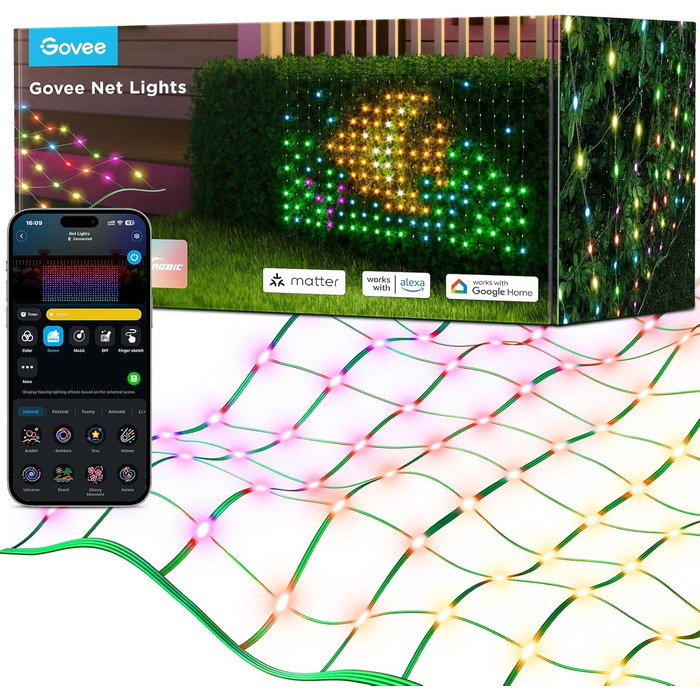 Розумна LED-сітка Govee для кущів, 240 діодів, 0,88×1,43 м, вулична водонепроникна гірлянда з різними режимами, керування Alexa/Google, для Хелловіну, газону, декору