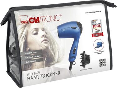 Компактний дорожній фен Clatronic HTD 3429, 1200 Вт, з дифузором та сумкою, двоступеневий, перемикач напруги 110/230В, синій