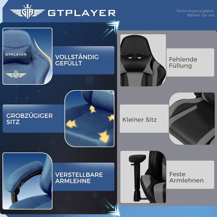 Ігрове крісло GTPLAYER, ергономічне, тканинне, синє, з відкидною спинкою 160° та висувною підставкою для ніг