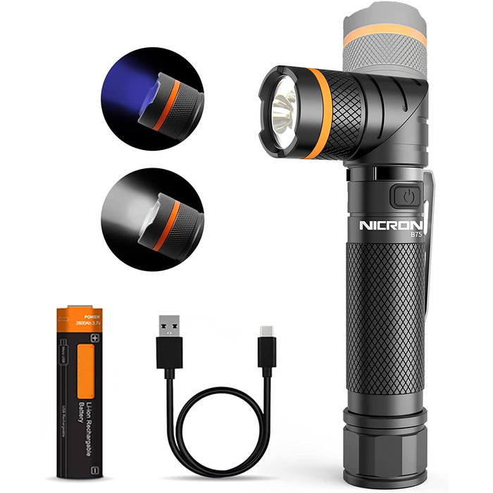 Ліхтарик NICRON B75 LED з УФ-світлом, акумуляторний, 1000 люмен, 395 нм, 2 в 1, поворотна голова 90°, водонепроникний, з магнітом, для вулиці, пошуку плям, детектор сечі та олії