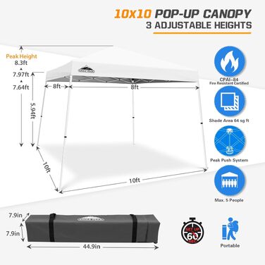 Павільйон садовий EAGLE PEAK 3x3м, білий - розкладний, з захистом від сонця UV 50+, водонепроникний для кемпінгу, вечірок