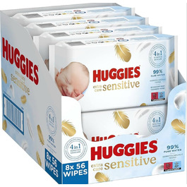 Дитячі вологі серветки Huggies Pure Extra Care Sensitive для чутливої шкіри, 99% чистої води, без віддушок, 8 упаковок по 56 шт (набір на місяць)