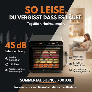 Сушарка для овочів та фруктів Sommertal Silence 700 XXL з нержавіючої сталі - дегідратор з 8 решітками, таймером, LED-дисплеєм, регульованою температурою 35-85°C, 700 Вт, без BPA + книга рецептів