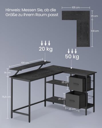 Комп'ютерний стіл VASAGLE L-подібної форми з 2 ящиками, 135 x 105 см, чорний, для геймінгу, з регульованою підставкою для монітора
