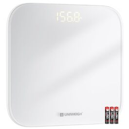 UNIWEIGH цифрова вага для тіла, високоточна до 180 кг, скляна платформа, LED-дисплей, Step-on, 3 одиниці виміру, батарейки в комплекті, біла
