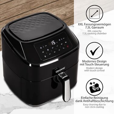 Аерофритюрниця ONVAYA XXL, без олії, 1700 Вт, LED-дисплей, 10 програм, для 5-6 осіб, з формою для випікання та решіткою зі шпажками