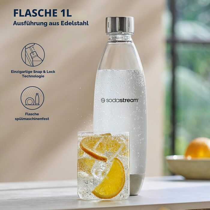 Сифон для газування води SodaStream Duo з скляним і пластиковим пляшками по 1 л, циліндр CO2 на 60 л, чорний (Stainless Finish)