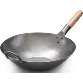 Професійний вок Craft Wok 35,6 см, плоске дно, ручна ковка, вуглецева сталь, дерев'яна та сталева ручка