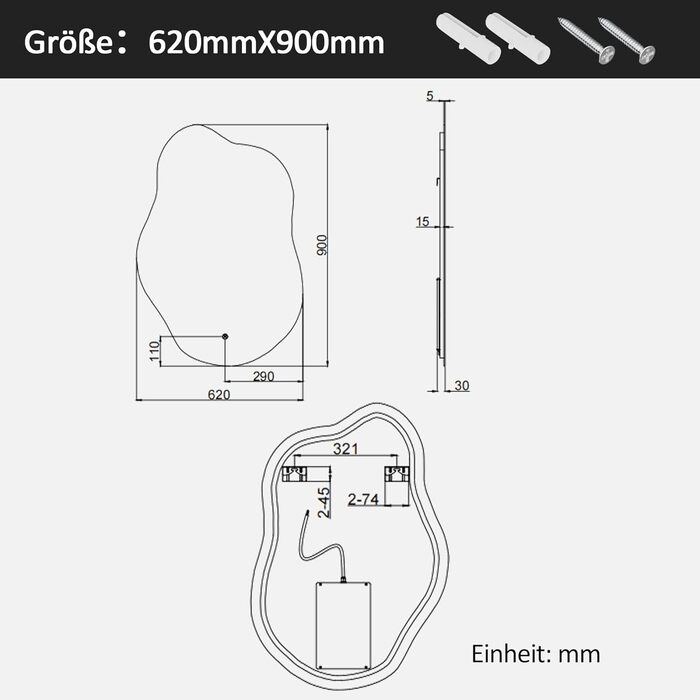 Дзеркало для ванної кімнати Boromal з підсвічуванням 80x60 см, 3 кольори світла, регулювання яскравості, LED, сенсорне керування, Стиль Jy02