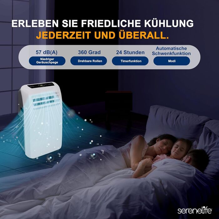 Мобільний кондиціонер SereneLife 3-в-1 9000 BTU з функціями охолодження, осушення та вентиляції, з відведенням повітря, для приміщень до 42 м², білий