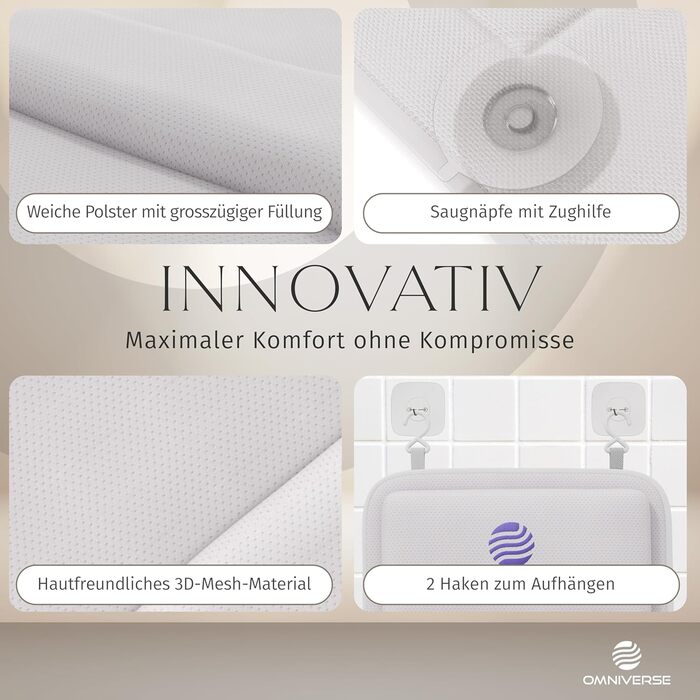 Подушка для ванни Omniverse Ganzkörper 125×40 см, для зросту 160–180 см, для гладких поверхонь, швидковисихаюча, для чутливої шкіри, біла