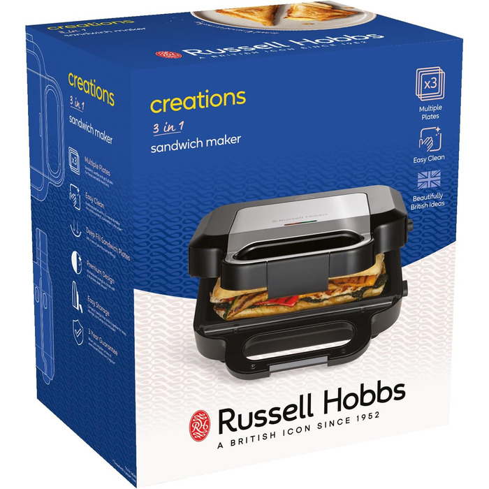 Мультифункціональний пристрій Russell Hobbs 3-в-1: сендвічниця, вафельниця, гриль Creations, антипригарне покриття, глибокі пластини, підходить для миття в посудомийці, BPA безпечний, модель 26810-56