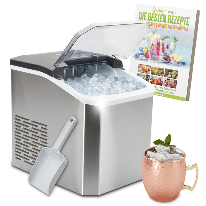 Машина для льоду Nutrilovers NUTRI-ICE MAKER з нержавіючої сталі: прозорий лід двох розмірів (S/L) + келих для Moscow Mule та кулінарна книга