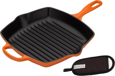 Le Creuset чавунна гриль-сковорода Signature квадратна 26 см, червона + класичний чорний силіконовий чохол для ручки