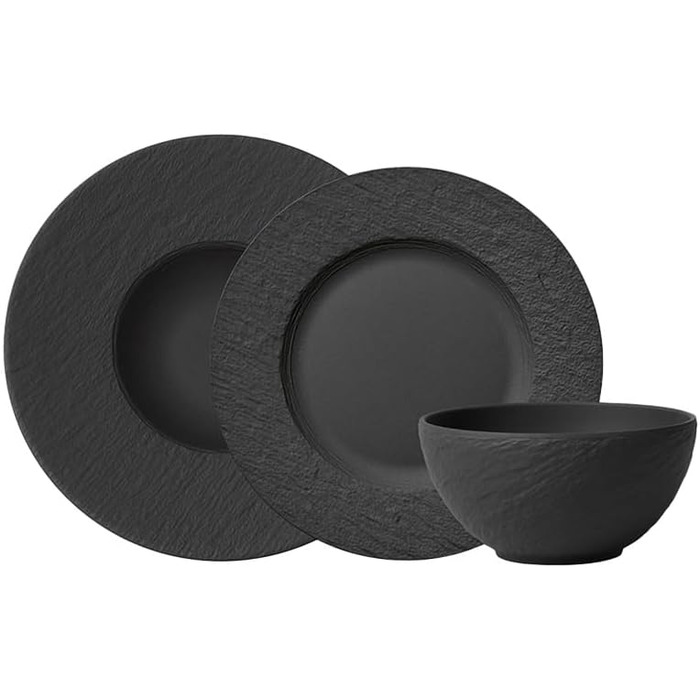 Стартовий набір посуду Villeroy & Boch Manufacture Rock, 6 предметів, чорний матовий, порцеляна преміум, для сервірування столу, придатний для посудомийної машини та мікрохвильової печі, для однієї особи