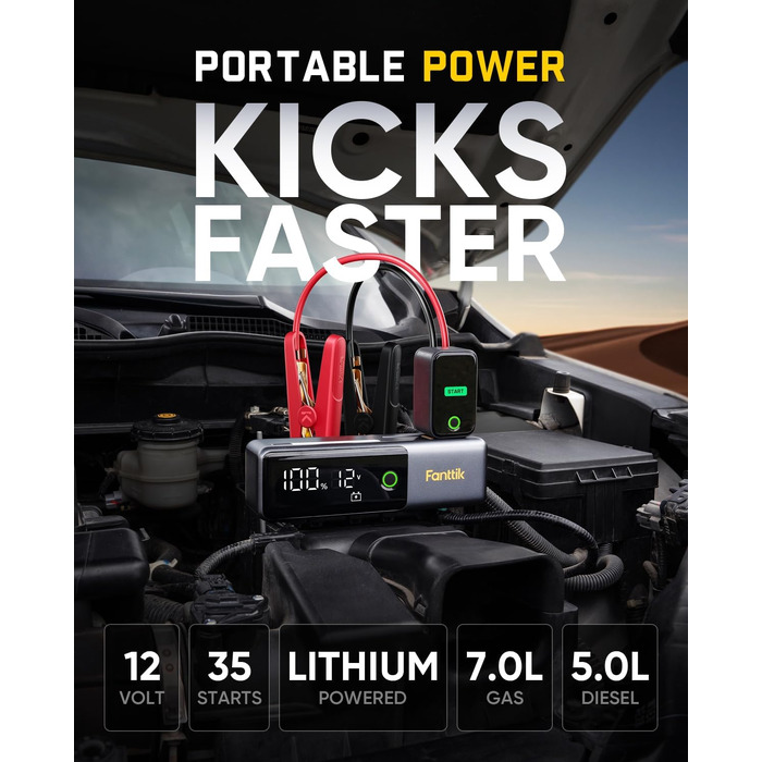 Бустер-старт-пауербанк Fanttik Potent T10 1800A 12000mAh, пусковий пристрій для авто 12V (бензин до 7.0L, дизель до 5.0L) з вбудованим кабелем