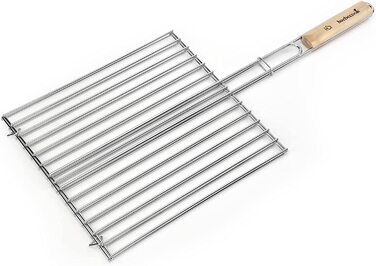 Складана решітка для гриля barbecook з хромованої нержавіючої сталі з ергономічною ручкою з екологічного дерева, для двостороннього грилювання м'яса, риби та овочів, 72x34 см