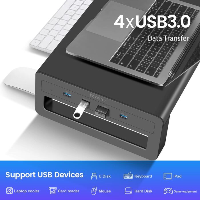 Підставка для двох моніторів VAYDEER, алюмінієва, з 4 USB-портами, для моніторів до 32 дюймів, чорна
