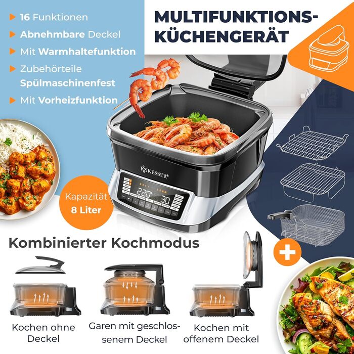 Мультиварка KESSER® 8л з фритюрницею, 16 програм, срібна: приготування на грилі, випікання, тушкування, приготування на пару, підтримка тепла, рисоварка, функція йогурту