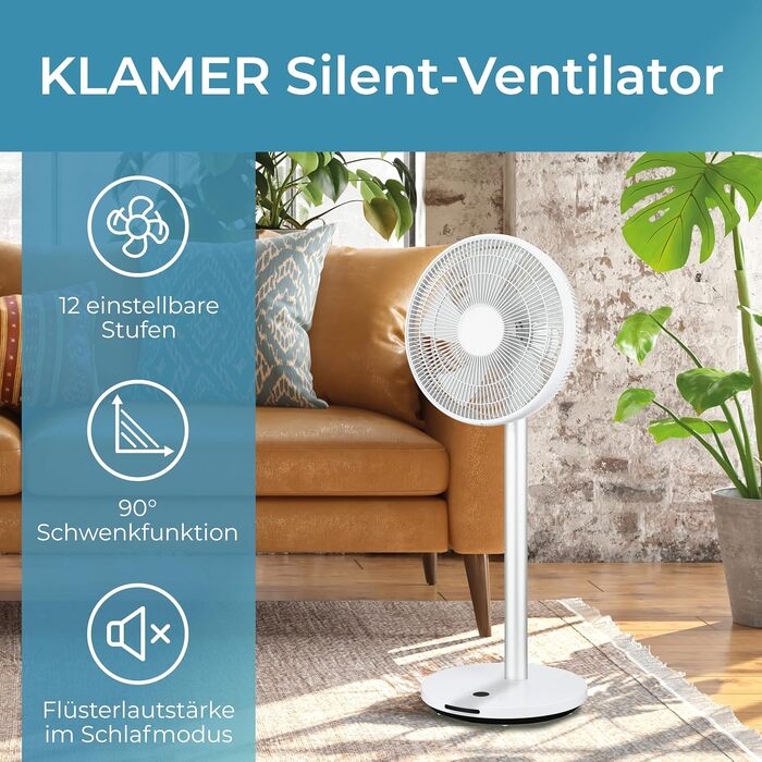 Вентилятор підлоговий KLAMER DC, з пультом, 12 швидкостей, 85° осциляція, таймер 8 год, білий (99 см)
