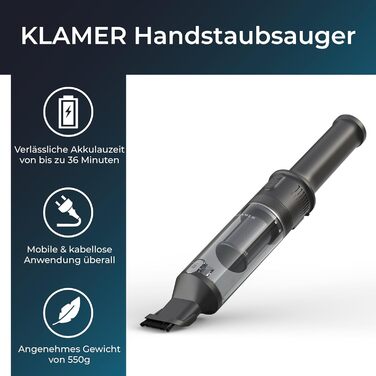 Потужний бездротовий ручний пилосос KLAMER 140W, 16 000 Па, 36 хв роботи, акумуляторний, для дому, офісу та авто, без мішка, з док-станцією