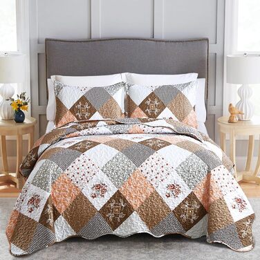 Покривало WONGS BEDDING 220x240 см синє, стьобане, мікрофібра, квітковий патчворк, з 2 наволочками 50x75 см