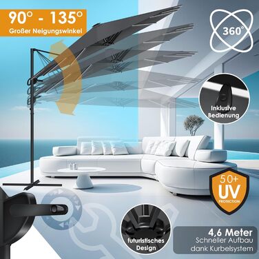 Двомісний парасольковий тент KESSER 4,6x2,7 м з LED, алюмінієвий, водостійкий, з підставкою, вітрозахист, антрацит, 360° обертання, кривошип, нахил