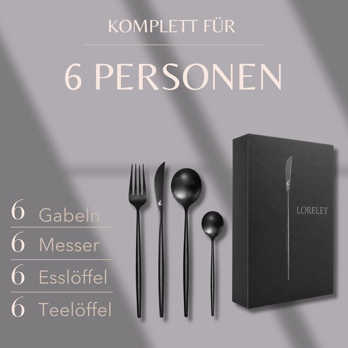 Набір столових приборів LORELEY MITTELRHEIN Premium, 24 предмети на 6 осіб, чорний матовий, нержавіюча сталь, для дому та ресторану