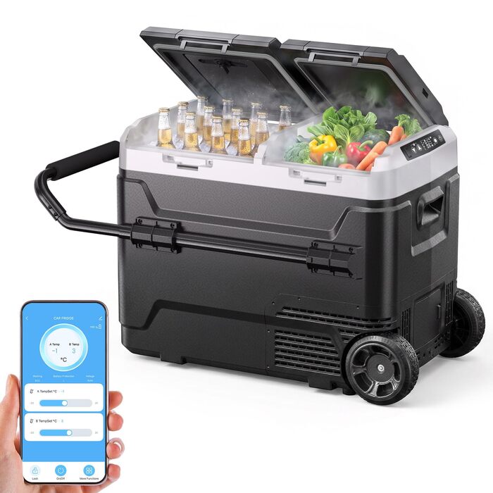 Автомобільний холодильник KROAK з Bluetooth, 50л: 2 зони охолодження (-20°C/+20°C), 12/24/230V, колеса, тихий (45дБ) для авто, кемпінгу, каравану