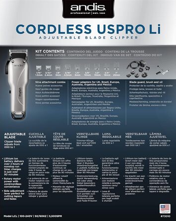 Машинка для стрижки волосся Andis Uspro Lithium, провідна/безпровідна, регульоване лезо, 2 години роботи, універсальна, срібляста