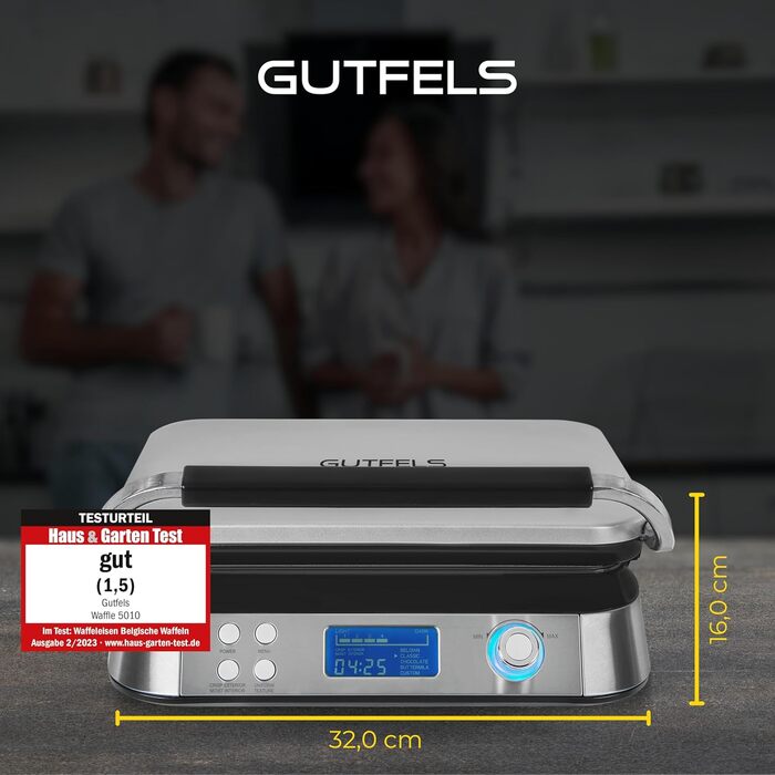 Електрична вафельниця GUTFELS WAFFLE 5010, подвійна, 1600 Вт, таймер, дисплей, для бельгійських вафель, чорна-нержавійка