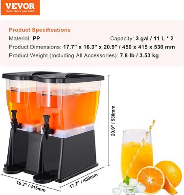 Диспенсер для напоїв VEVOR 2x11 л для вечірок, пластиковий з краном, для соку, чаю, води - чорний