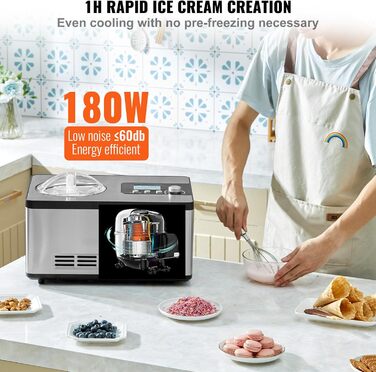 Електрична машина для приготування морозива VEVOR 2L, 180W - Морозиво, сорбет, йогурт, Gelato. Срібна, горизонтальна