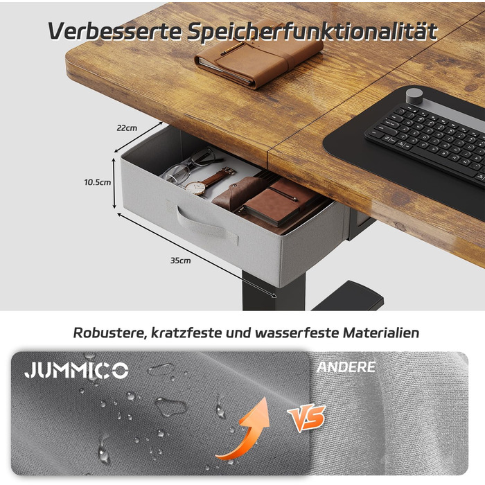 Електричний регульований стіл JUMMICO для роботи стоячи з шухлядою та гаком, 140x80 см (коричневий) - стіл для дому та офісу