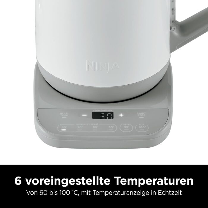 Електричний чайник Ninja Perfect Temperature, 1.7L, LED-дисплей, швидке кип'ятіння, регулювання температури, білий KT200EUWH