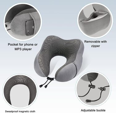 Ергономічна дорожня подушка для шиї Eono з ефектом пам'яті (Memory Foam) у комплекті з маскою для сну, берушами та сумкою, темно-сіра