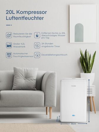 Електричний осушувач повітря FOHERE 20л/добу з Wi-Fi, для 135 м³ (50 м²), безперервний дренаж, сушка білизни, таймер, автоматичне вимкнення