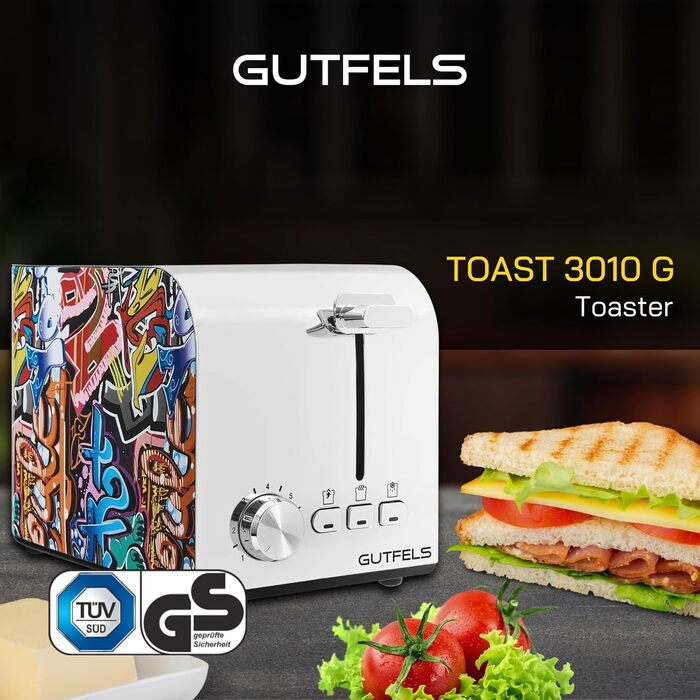 Тостер Gutfels TOAST 3010 G на 2 скибки з підставкою для булочок, 7 режимів, 850 Вт, функції розморожування, підігріву і зупинки, стильний дизайн Graffiti