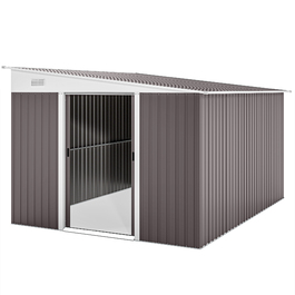 Outsunny Garden Shed 8.9 ㎡ Сталевий садовий сарай з моноскатним дахом і розсувними дверима, вентиляційні отвори, 280x345x201см, сірий