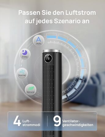 DREO Smart Tower Fan 102-114 см - Вежний вентилятор з пультом, 9 режимів, 4 режими, 90° осциляція, 12 год таймер, DC мотор, надтихий (20 дБ), для дому та офісу, чорний