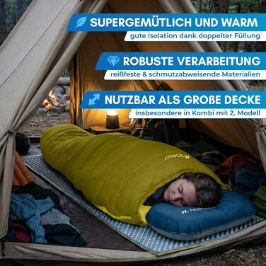 Спальний мішок-ковдра NORDMUT для дорослих, ultralight 1600г, 3-сезонний (250 GSM) з двосторонньою блискавкою YKK для кемпінгу, фестивалів та відпочинку на природі (Окер)