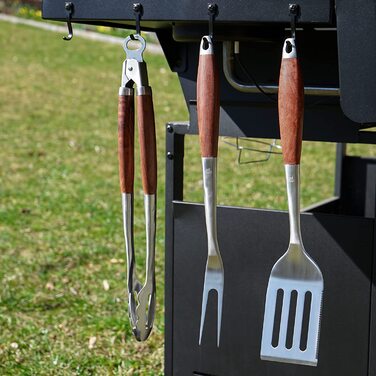 Преміум набір гриль-інструментів grillart, 3 предмети з нержавіючої сталі та дерев'яними ручками – щипці, лопатка, вилка з подовженими ручками, ідеальний аксесуар для гриля