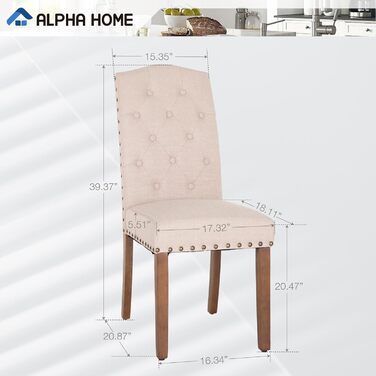 Набір з 2 кухонних стільців ALPHA HOME, м'які стільці з високою спинкою, дерев'яні ніжки, оббивка з льону, бежеві